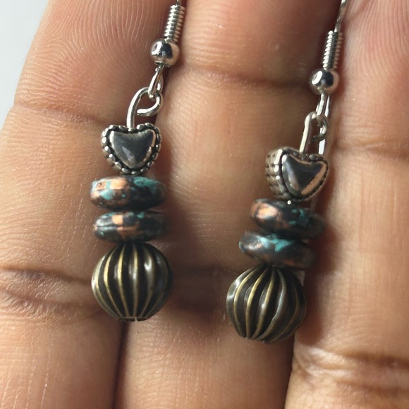Bronze & Heart Accent Gemstone Earrings – Earthy Boho Style - Picture 3 of 3